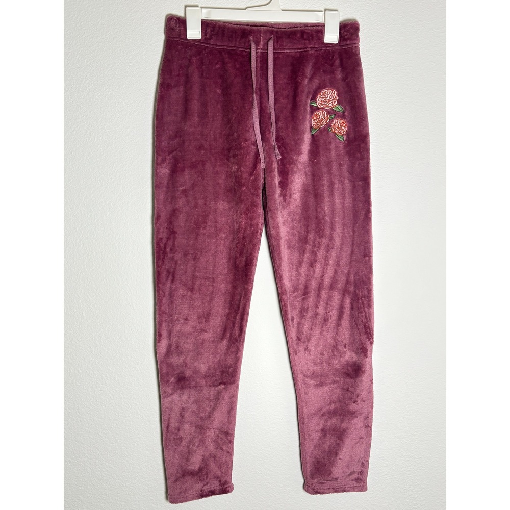 Fifth Sun Mauve Purple Plush Velvet Rose Embroidered Joggers Lounge Pants Medium